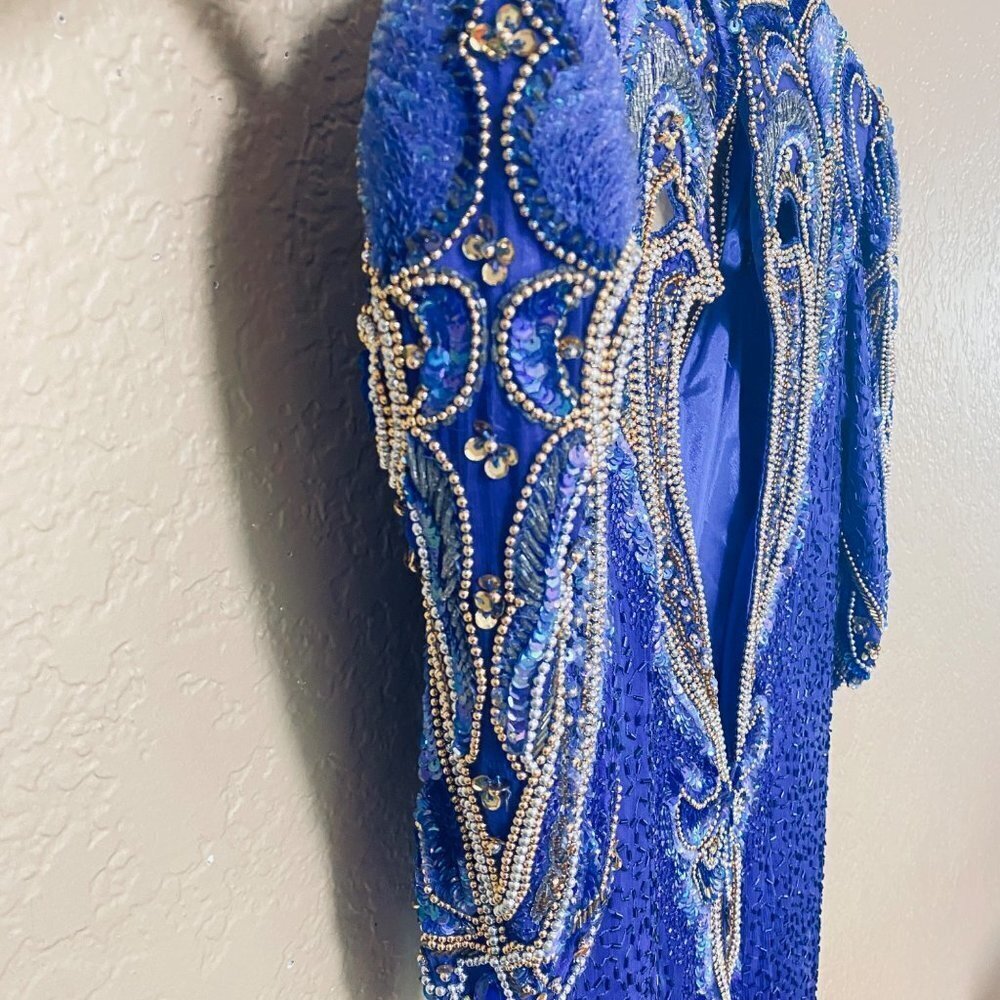 Linzas Vintage Y2K Straight Dress Gown Size Medium Blue Silk Sequined - Picture 6 of 10
